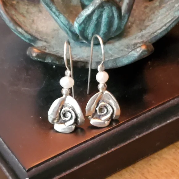 PZ ISRAEL Sterling Rose Earrings with White Cultured Pearl 1.25”L - Picture 3 of 15